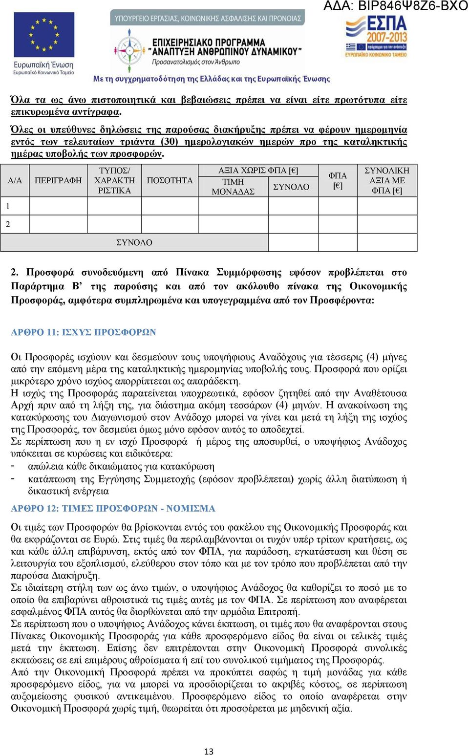 Α/Α 1 2 ΠΕΡΙΓΡΑΦΗ ΤΥΠΟΣ/ ΧΑΡΑΚΤΗ ΡΙΣΤΙΚΑ ΣΥΝΟΛΟ ΠΟΣΟΤΗΤΑ ΑΞΙΑ ΧΩΡΙΣ ΦΠΑ [ ] ΤΙΜΗ ΣΥΝΟΛΟ ΜΟΝΑΔΑΣ ΦΠΑ [ ] ΣΥΝΟΛΙΚΗ ΑΞΙΑ ΜΕ ΦΠΑ [ ] 2.