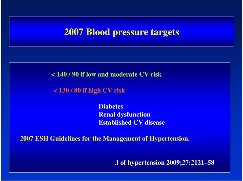 dysfunction Established CV disease 2007 ESH Guidelines for