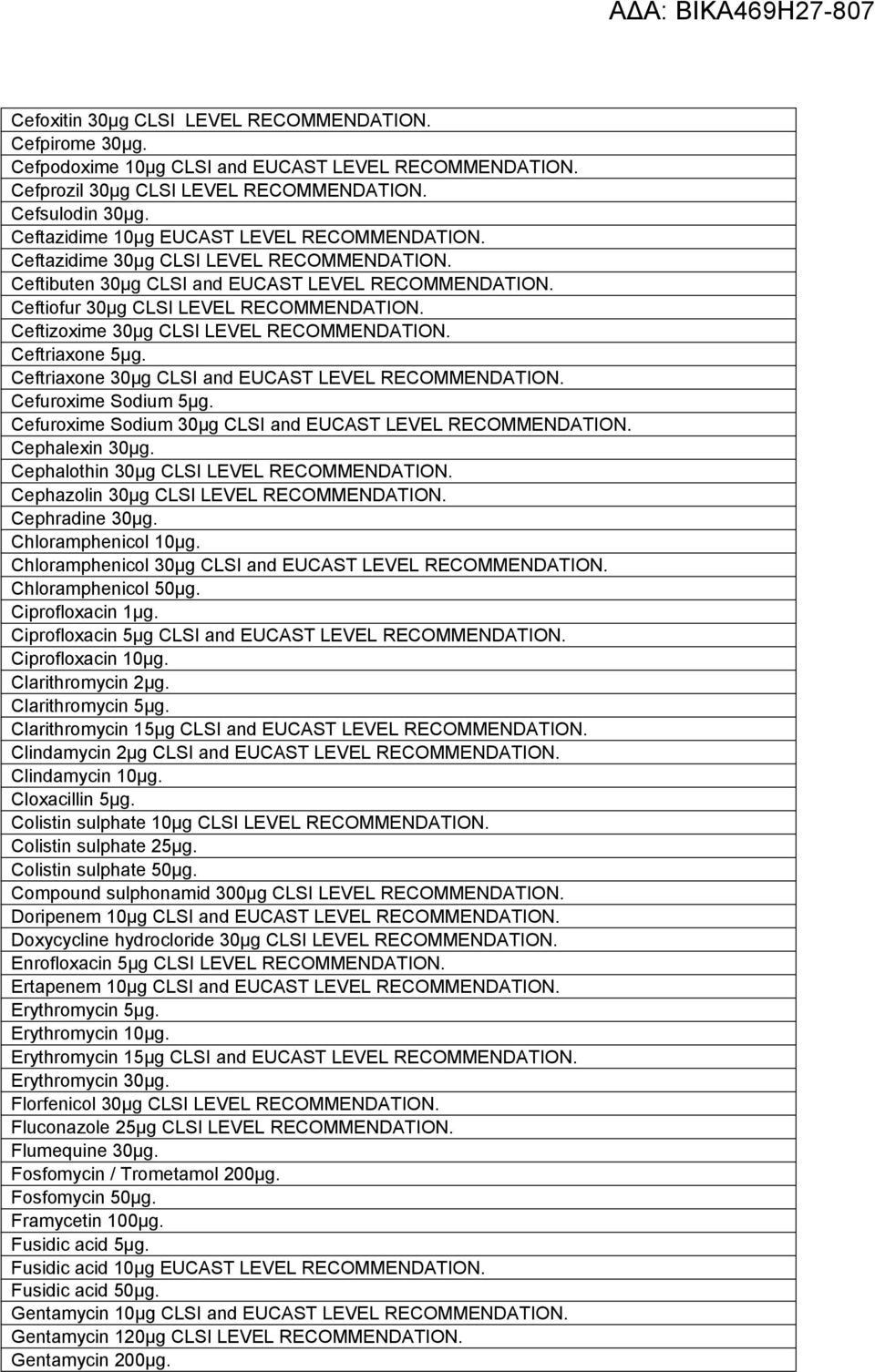 Ceftizoxime 30μg CLSΙ LEVEL RECOMMENDATION. Ceftriaxone 5μg. Ceftriaxone 30μg CLSΙ and EUCAST LEVEL RECOMMENDATION. Cefuroxime Sodium 5μg. Cefuroxime Sodium 30μg CLSΙ and EUCAST LEVEL RECOMMENDATION.