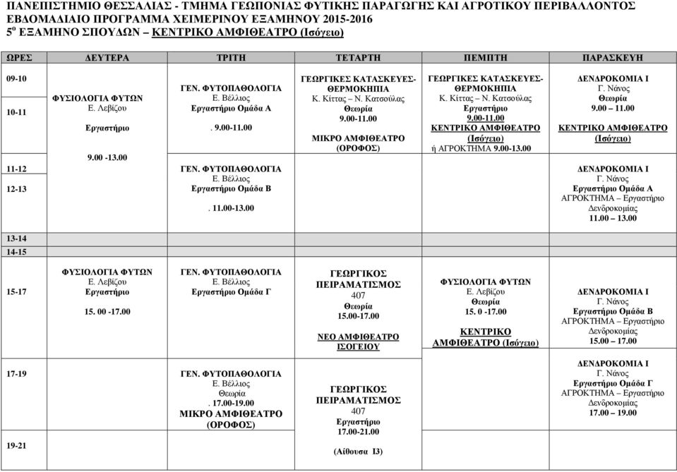 00 ΚΕΝΤΡΙΚΟ ΑΜΦΙΘΕΑΤΡΟ (Ισόγειο) Ομάδα Α 11.00 13.00 15. 00-17.00 ΓΕΝ. ΦΥΤΟΠΑΘΟΛΟΓΙΑ Ομάδα Γ ΓΕΩΡΓΙΚΟΣ ΠΕΙΡΑΜΑΤΙΣΜΟΣ 15. 0-17.