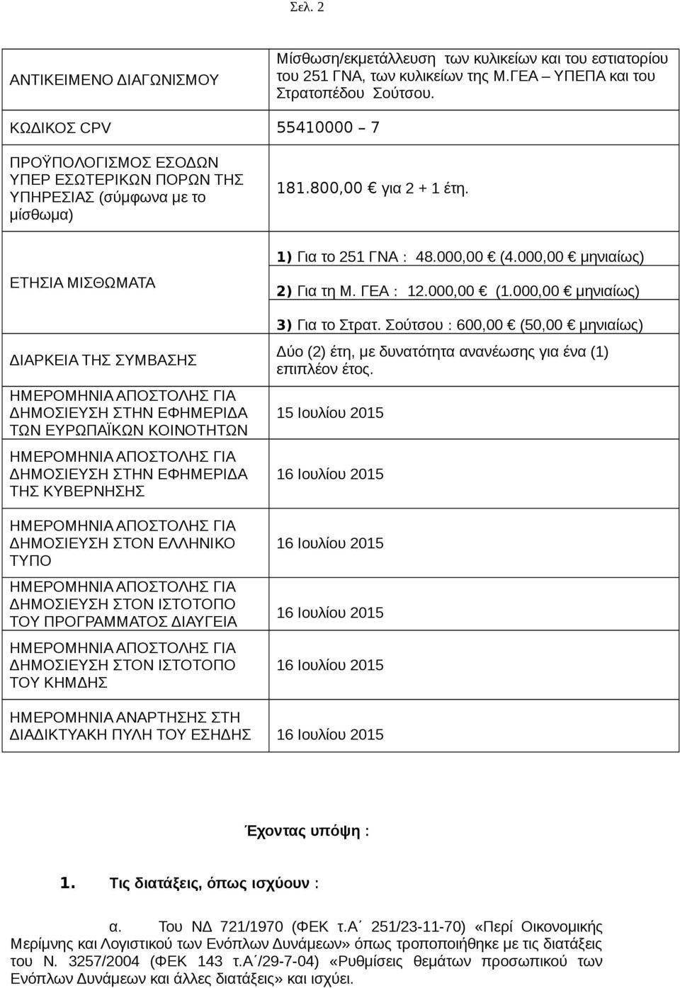 ΕΤΗΣΙΑ ΜΙΣΘΩΜΑΤΑ ΔΙΑΡΚΕΙΑ ΤΗΣ ΣΥΜΒΑΣΗΣ ΗΜΕΡΟΜΗΝΙΑ ΑΠΟΣΤΟΛΗΣ ΓΙΑ ΔΗΜΟΣΙΕΥΣΗ ΣΤΗΝ ΕΦΗΜΕΡΙΔΑ ΤΩΝ ΕΥΡΩΠΑΪΚΩΝ KΟΙΝΟΤΗΤΩΝ ΗΜΕΡΟΜΗΝΙΑ ΑΠΟΣΤΟΛΗΣ ΓΙΑ ΔΗΜΟΣΙΕΥΣΗ ΣΤΗΝ ΕΦΗΜΕΡΙΔΑ ΤΗΣ ΚΥΒΕΡΝΗΣΗΣ ΗΜΕΡΟΜΗΝΙΑ