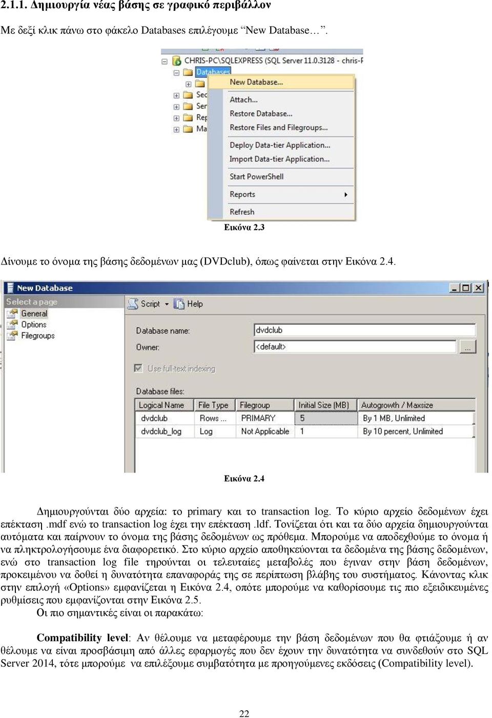 mdf ενώ το transaction log έχει την επέκταση.ldf. Τονίζεται ότι και τα δύο αρχεία δημιουργούνται αυτόματα και παίρνουν το όνομα της βάσης δεδομένων ως πρόθεμα.