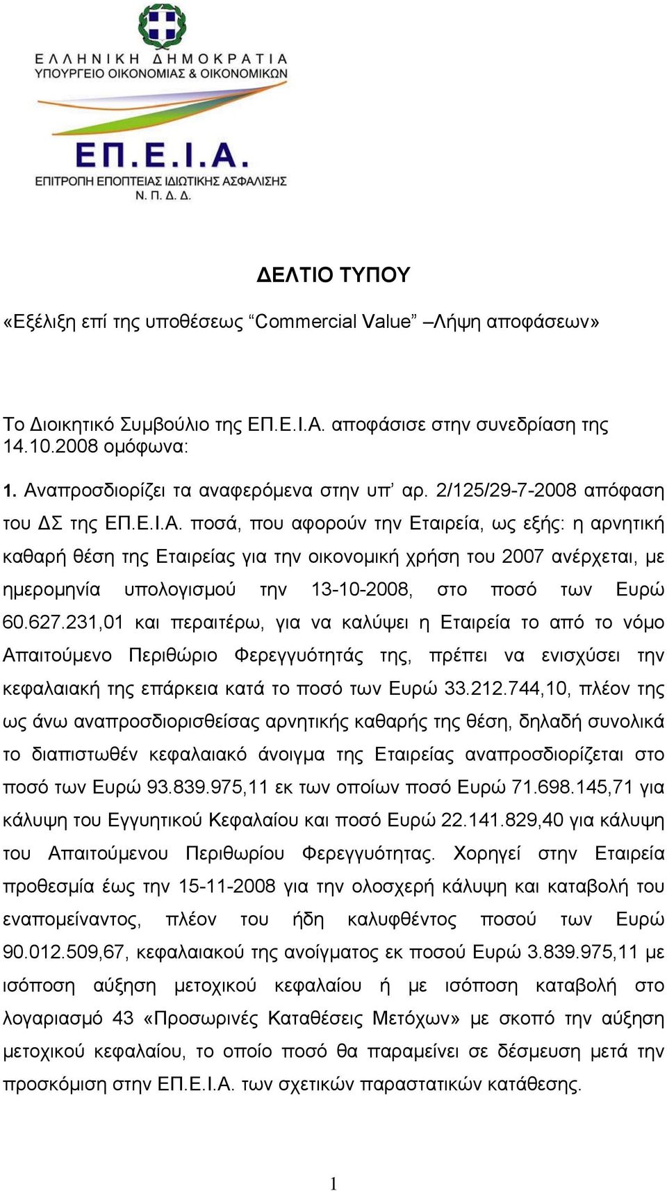 627.231,01 και περαιτέρω, για να καλύψει η Εταιρεία το από το νόμο Απαιτούμενο Περιθώριο Φερεγγυότητάς της, πρέπει να ενισχύσει την κεφαλαιακή της επάρκεια κατά το ποσό των Ευρώ 33.212.