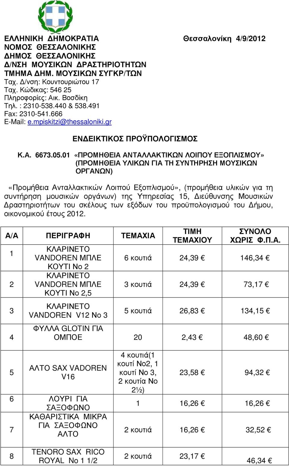 01 «ΠΡΟΜΗΘΕΙΑ ΑΝΤΑΛΛΑΚΤΙΚΩΝ ΛΟΙΠΟΥ ΕΞΟΠΛΙΣΜΟΥ» (ΠΡΟΜΗΘΕΙΑ ΥΛΙΚΩΝ ΓΙΑ ΤΗ ΣΥΝΤΗΡΗΣΗ ΜΟΥΣΙΚΩΝ ΟΡΓΑΝΩΝ) «Προµήθεια Ανταλλακτικών Λοιπού Εξοπλισµού», (προµήθεια υλικών για τη συντήρηση µουσικών οργάνων)