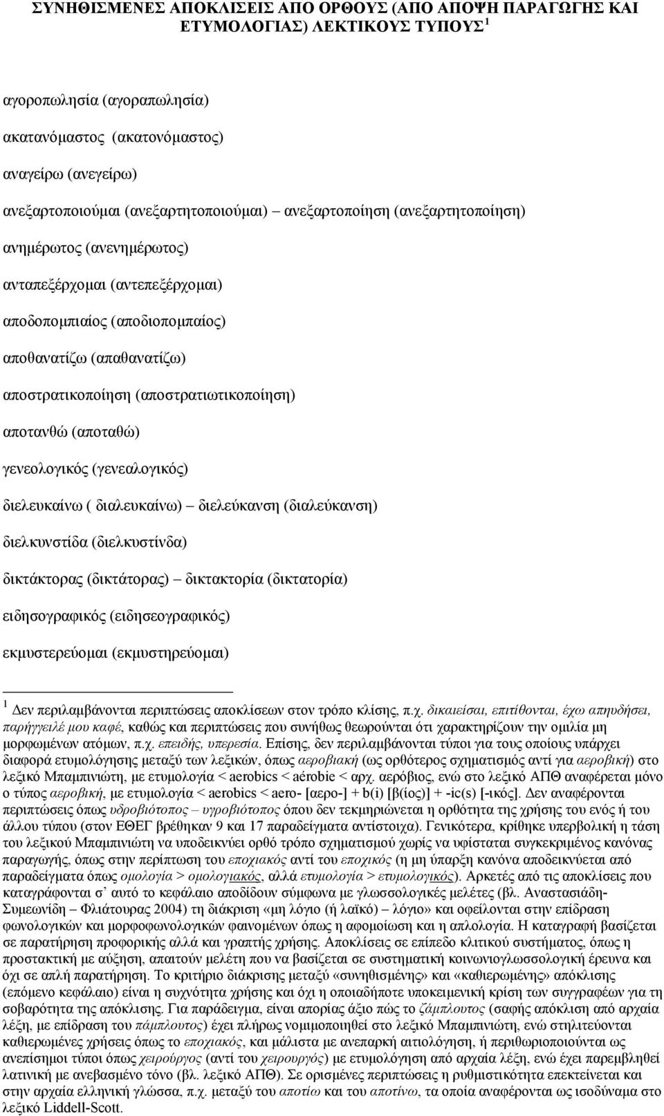 (αποστρατιωτικοποίηση) αποτανθώ (αποταθώ) γενεολογικός (γενεαλογικός) διελευκαίνω ( διαλευκαίνω) διελεύκανση (διαλεύκανση) διελκυνστίδα (διελκυστίνδα) δικτάκτορας (δικτάτορας) δικτακτορία