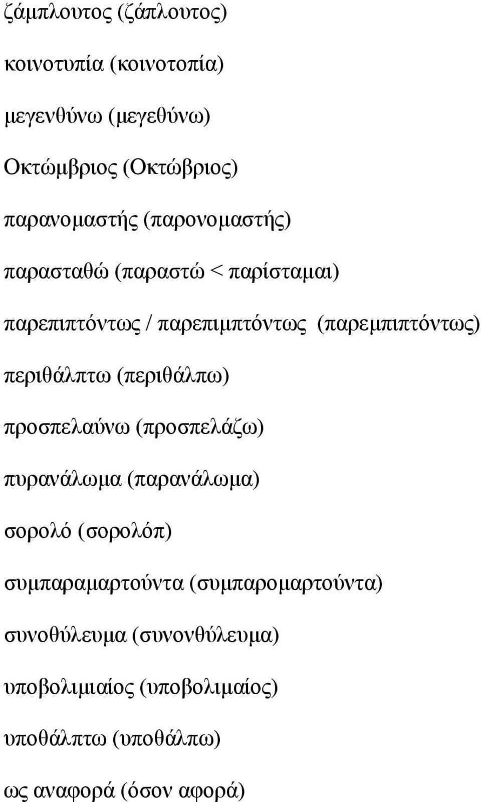 (περιθάλπω) προσπελαύνω (προσπελάζω) πυρανάλωμα (παρανάλωμα) σορολό (σορολόπ) συμπαραμαρτούντα