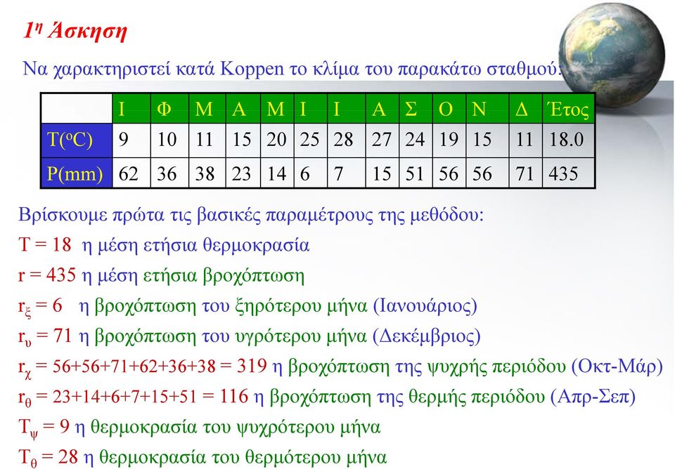 βροχόπτωση r ξ = 6 η βροχόπτωση του ξηρότερου μήνα (Ιανουάριος) r υ = 71 η βροχόπτωση του υγρότερου μήνα (Δεκέμβριος) r χ = 56+56+71+62+36+38 = 319 η βροχόπτωση