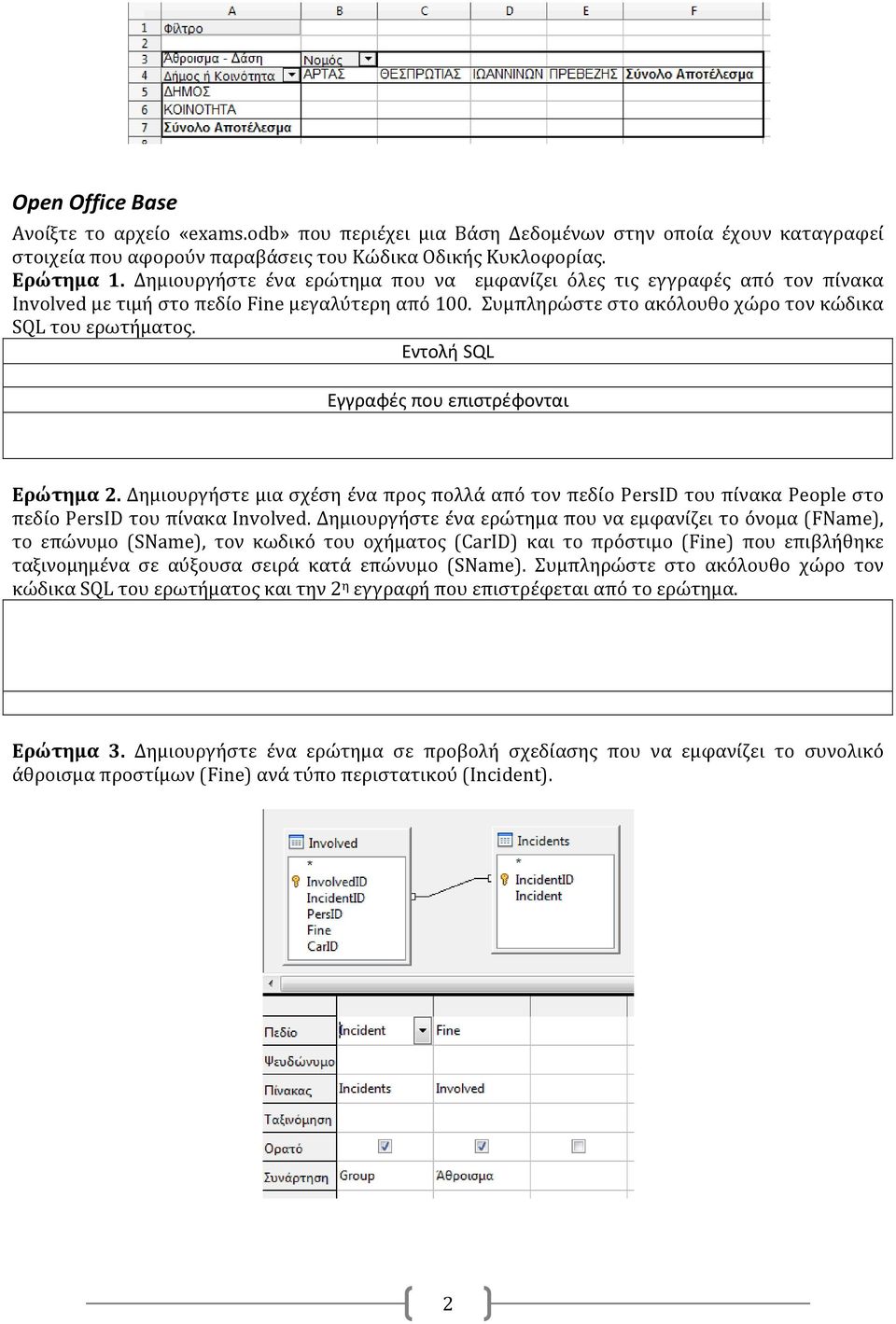 Εντολή SQL SELECT * FROM "Involved" AS "Involved" WHERE "Fine" > 100 Εγγραφές που επιστρέφονται 1, 20080130a, tota, 200, 625 5, 20090122q, jecl, 150,324 Ερώτημα 2.