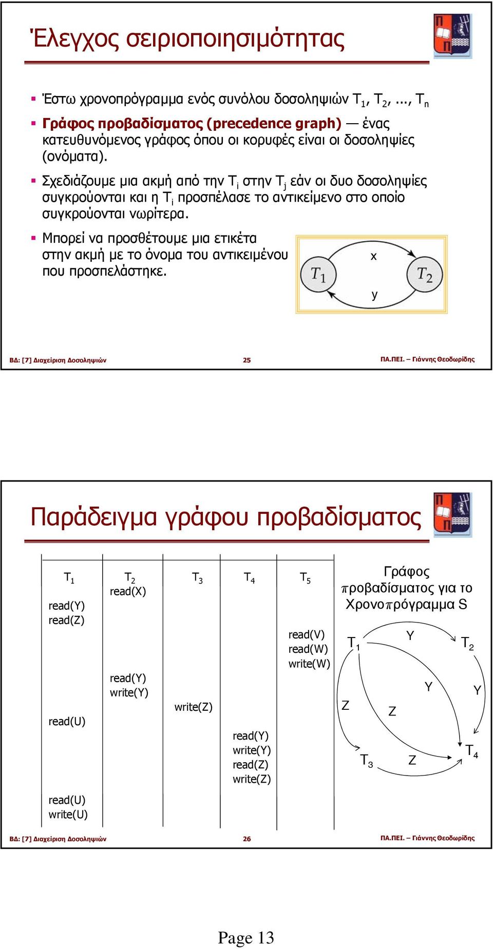 Σχεδιάζουµε µια ακµή απότηνt i στην T j εάν οι δυο δοσοληψίες συγκρούονται και η T i προσπέλασε το αντικείµενο στο οποίο συγκρούονται νωρίτερα.