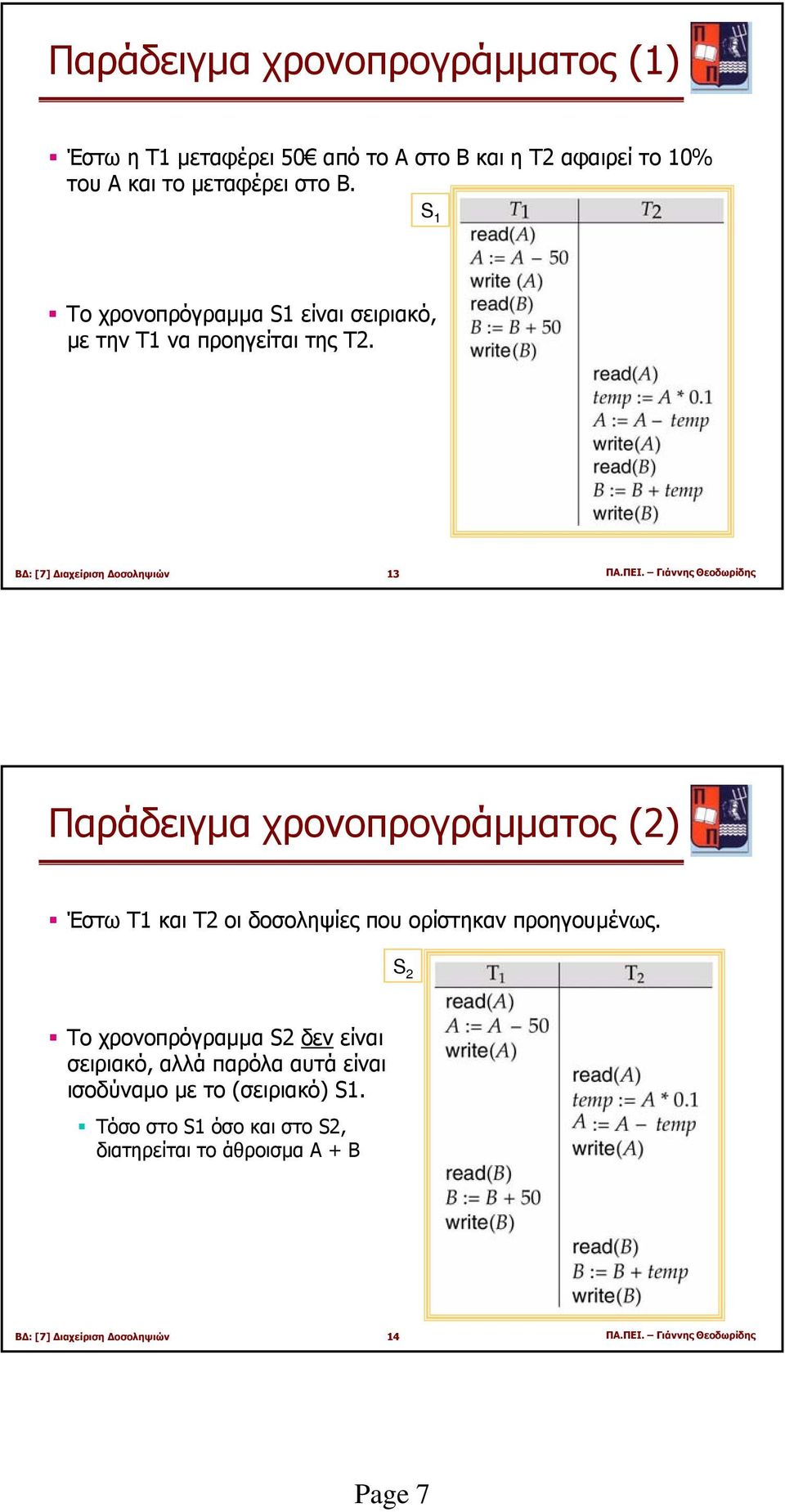 Γιάννης Θεοδωρίδης Παράδειγµα χρονοπρογράµµατος (2) Έστω T1 και T2 οι δοσοληψίες που ορίστηκαν προηγουµένως.