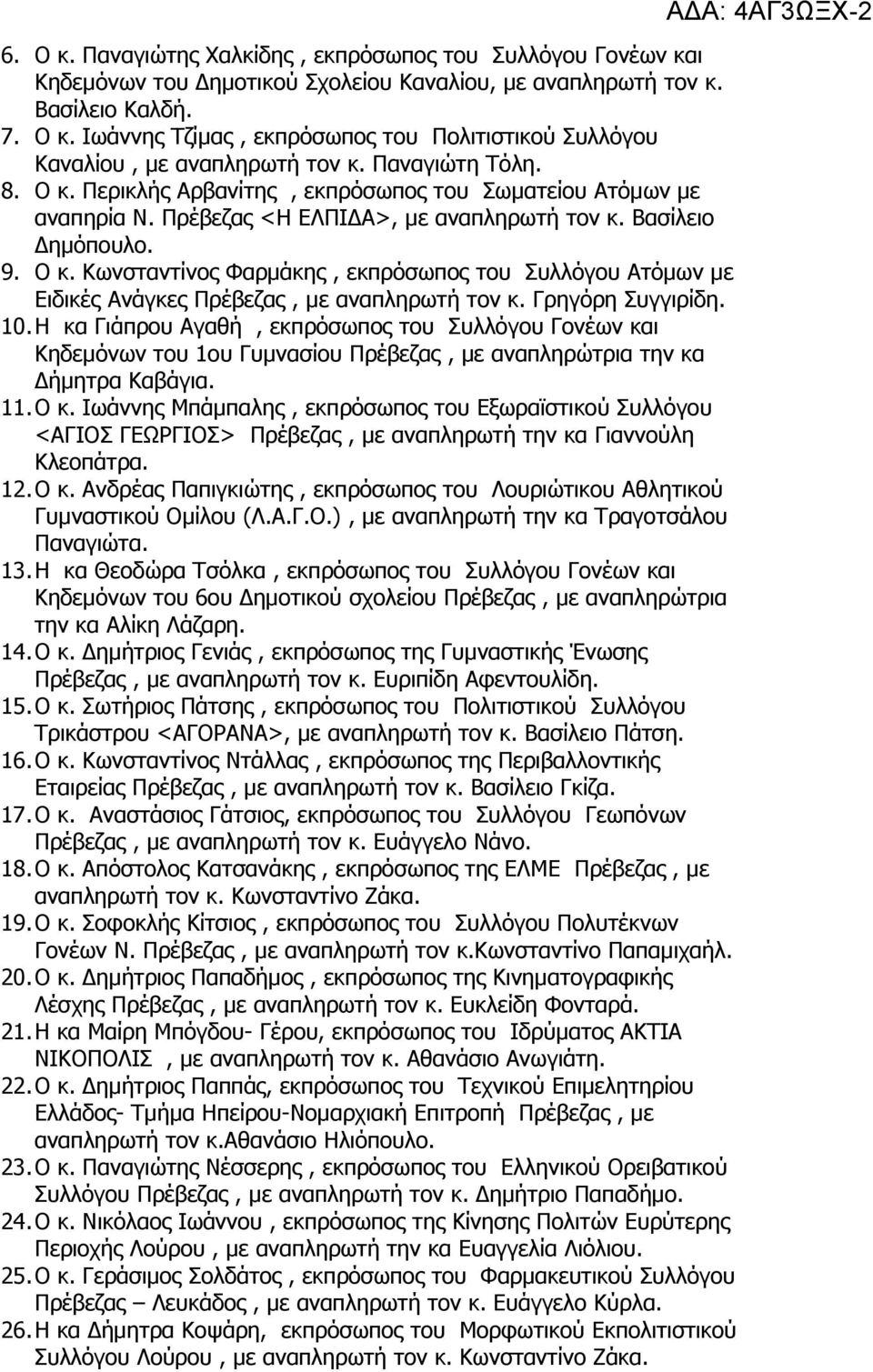 Γρηγόρη Συγγιρίδη. 10.Η κα Γιάπρου Αγαθή, εκπρόσωπος του Συλλόγου Γονέων και Κηδεμόνων του 1ου Γυμνασίου, με αναπληρώτρια την κα Δήμητρα Καβάγια. 11.Ο κ.