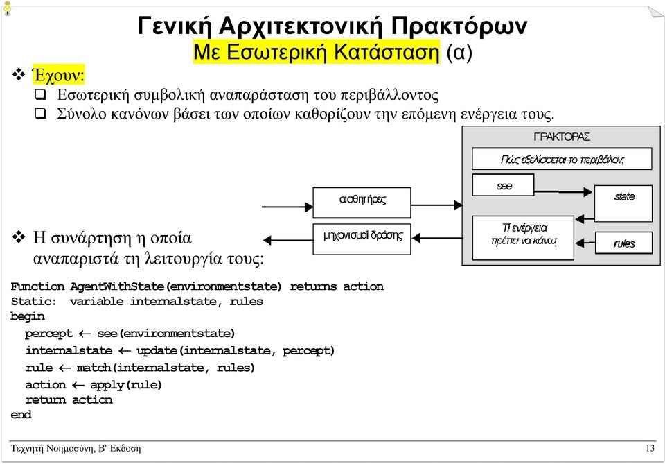 Η συνάρτηση η οποία αναπαριστά τη λειτουργία τους: Function AgentWithState(environmentstate) returns action Static: variable