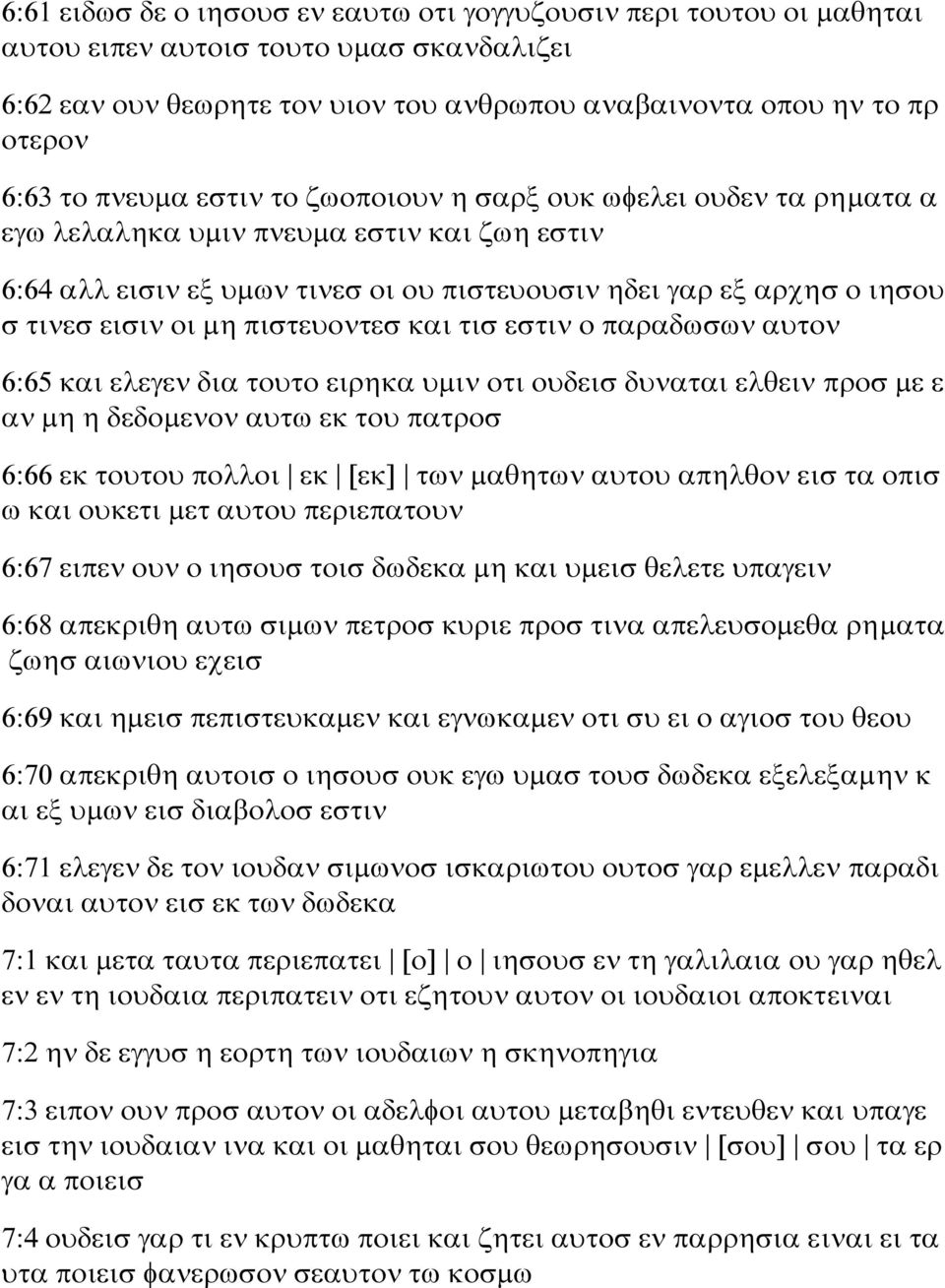 πιστευοντεσ και τισ εστιν ο παραδωσων αυτον 6:65 και ελεγεν δια τουτο ειρηκα υμιν οτι ουδεισ δυναται ελθειν προσ με ε αν μη η δεδομενον αυτω εκ του πατροσ 6:66 εκ τουτου πολλοι εκ [εκ] των μαθητων