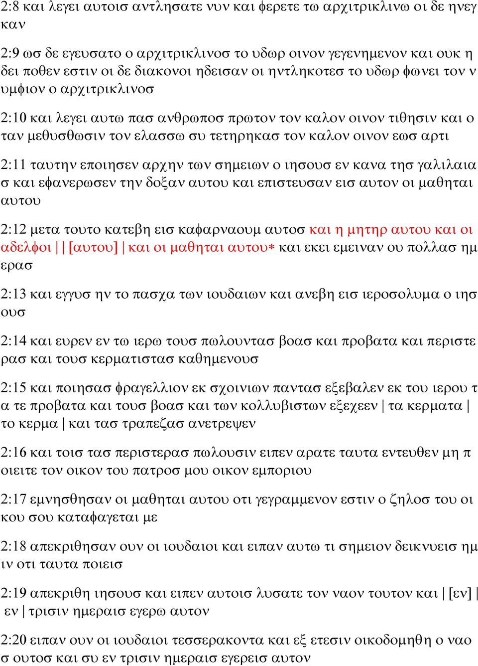 εποιησεν αρχην των σημειων ο ιησουσ εν κανα τησ γαλιλαια σ και εφανερωσεν την δοξαν αυτου και επιστευσαν εισ αυτον οι μαθηται αυτου 2:12 μετα τουτο κατεβη εισ καφαρναουμ αυτοσ και η μητηρ αυτου και