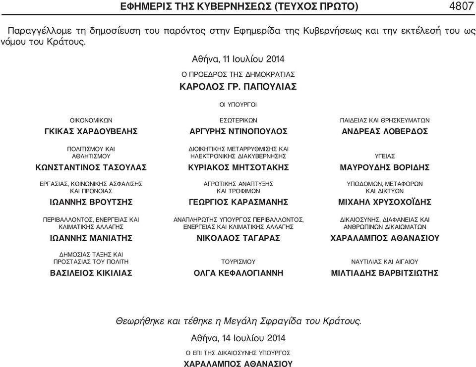 ΠΑΠΟΥΛΙΑΣ ΟΙ ΥΠΟΥΡΓΟΙ ΟΙΚΟΝΟΜΙΚΩΝ ΕΣΩΤΕΡΙΚΩΝ ΠΑΙΔΕΙΑΣ ΚΑΙ ΘΡΗΣΚΕΥΜΑΤΩΝ ΓΚΙΚΑΣ ΧΑΡΔΟΥΒΕΛΗΣ ΑΡΓΥΡΗΣ ΝΤΙΝΟΠΟΥΛΟΣ ΑΝΔΡΕΑΣ ΛΟΒΕΡΔΟΣ ΠΟΛΙΤΙΣΜΟΥ ΚΑΙ ΔΙΟΙΚΗΤΙΚΗΣ ΜΕΤΑΡΡΥΘΜΙΣΗΣ ΚΑΙ ΑΘΛΗΤΙΣΜΟΥ ΗΛΕΚΤΡΟΝΙΚΗΣ