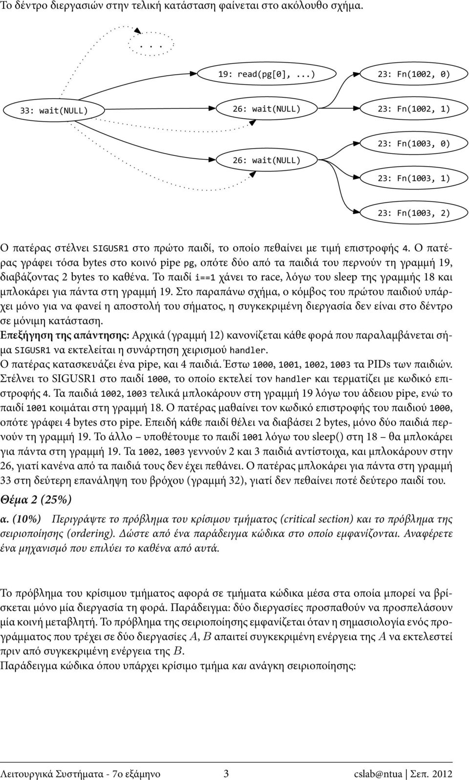 επιστροφής 4. Ο πατέρας γράφει τόσα bytes στο κοινό pipe pg, οπότε δύο από τα παιδιά του περνούν τη γραμμή 19, διαβάζοντας 2 bytes το καθένα.