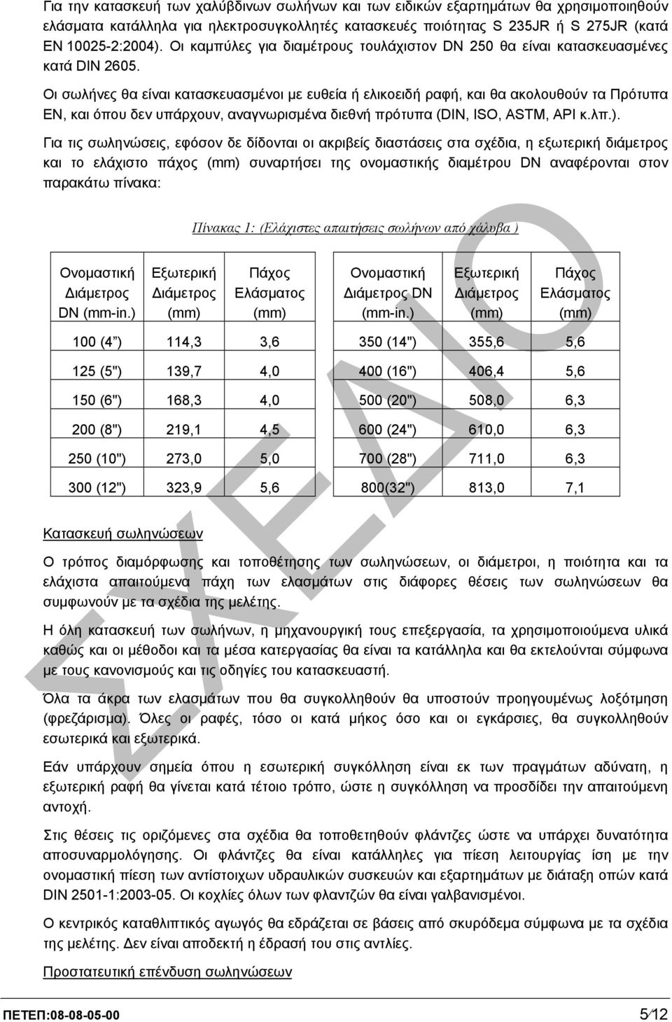 Οι σωλήνες θα είναι κατασκευασµένοι µε ευθεία ή ελικοειδή ραφή, και θα ακολουθούν τα Πρότυπα ΕΝ, και όπου δεν υπάρχουν, αναγνωρισµένα διεθνή πρότυπα (DIN, ISO, ASTM, API κ.λπ.).