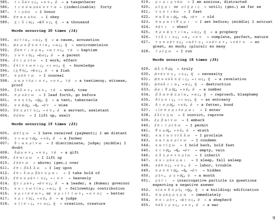 ύ, -, ό - a testimony, witness, proof 599. ύ, -, ό - wood, tree 600. ά - I lead forth, go before 601. ή, -ῆς, ἡ - a tent, tabernacle 602. ός, -ή, -ό - wise 603. ὑ έ ς, -, ὁ a servant, assistant 604.