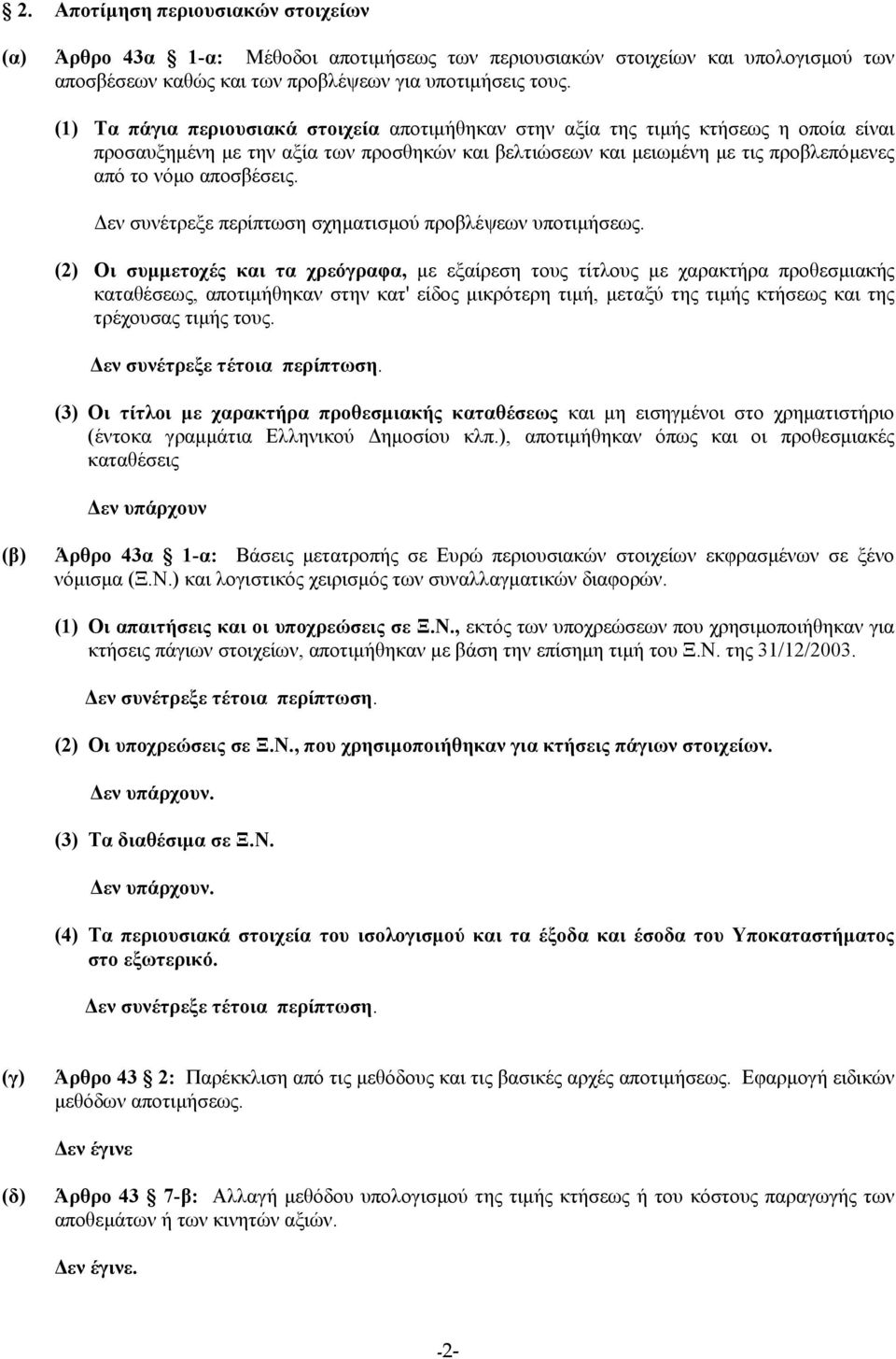 εν συνέτρεξε περίπτωση σχηµατισµού προβλέψεων υποτιµήσεως.