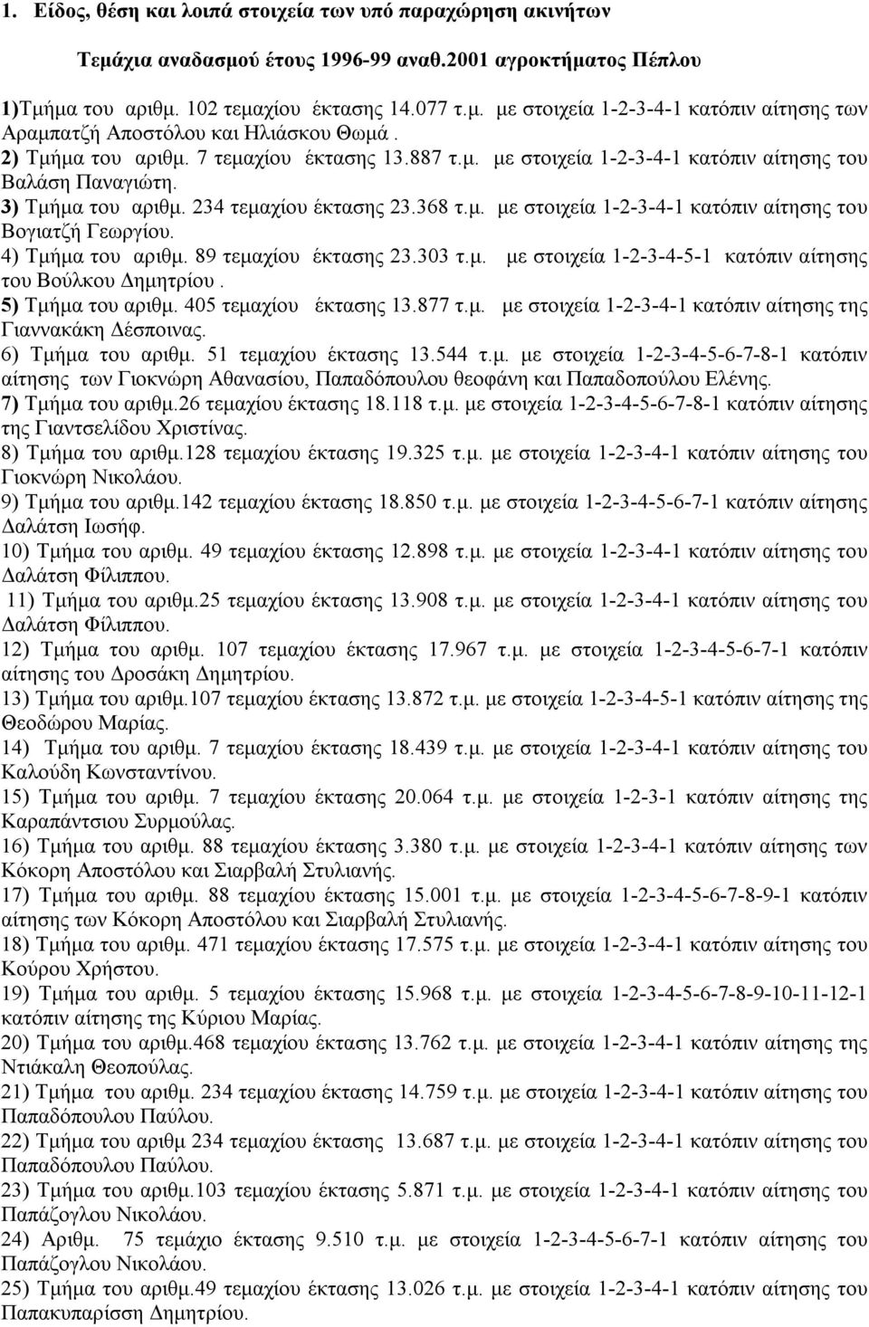 4) Τμήμα του αριθμ. 89 τεμαχίου έκτασης 23.303 τ.μ. με στοιχεία 1-2-3-4-5-1 κατόπιν αίτησης του Βούλκου Δημητρίου. 5) Τμήμα του αριθμ. 405 τεμαχίου έκτασης 13.877 τ.μ. με στοιχεία 1-2-3-4-1 κατόπιν αίτησης της Γιαννακάκη Δέσποινας.