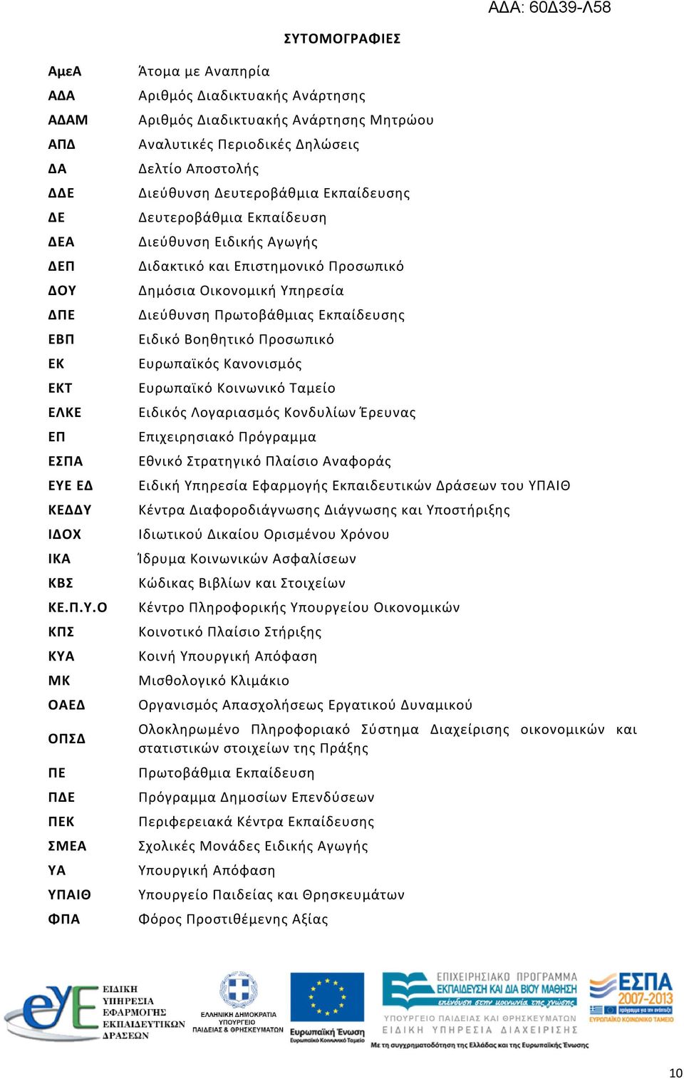 Διδακτικό και Επιστημονικό Προσωπικό Δημόσια Οικονομική Υπηρεσία Διεύθυνση Πρωτοβάθμιας Εκπαίδευσης Ειδικό Βοηθητικό Προσωπικό Ευρωπαϊκός Κανονισμός Ευρωπαϊκό Κοινωνικό Ταμείο Ειδικός Λογαριασμός