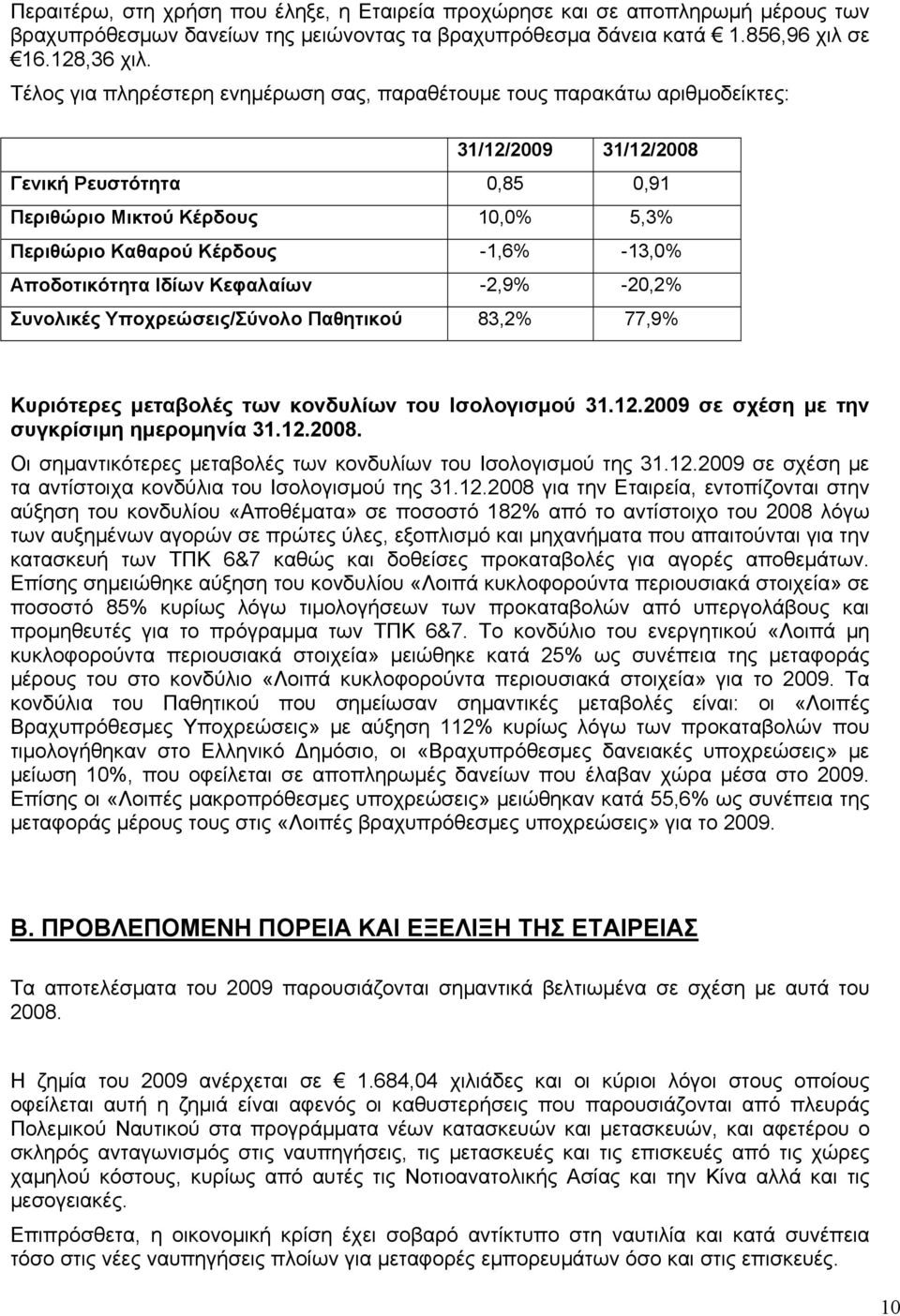 -13,0% Αποδοτικότητα Ιδίων Κεφαλαίων -2,9% -20,2% Συνολικές Υποχρεώσεις/Σύνολο Παθητικού 83,2% 77,9% Κυριότερες μεταβολές των κονδυλίων του Ισολογισμού 31.12.