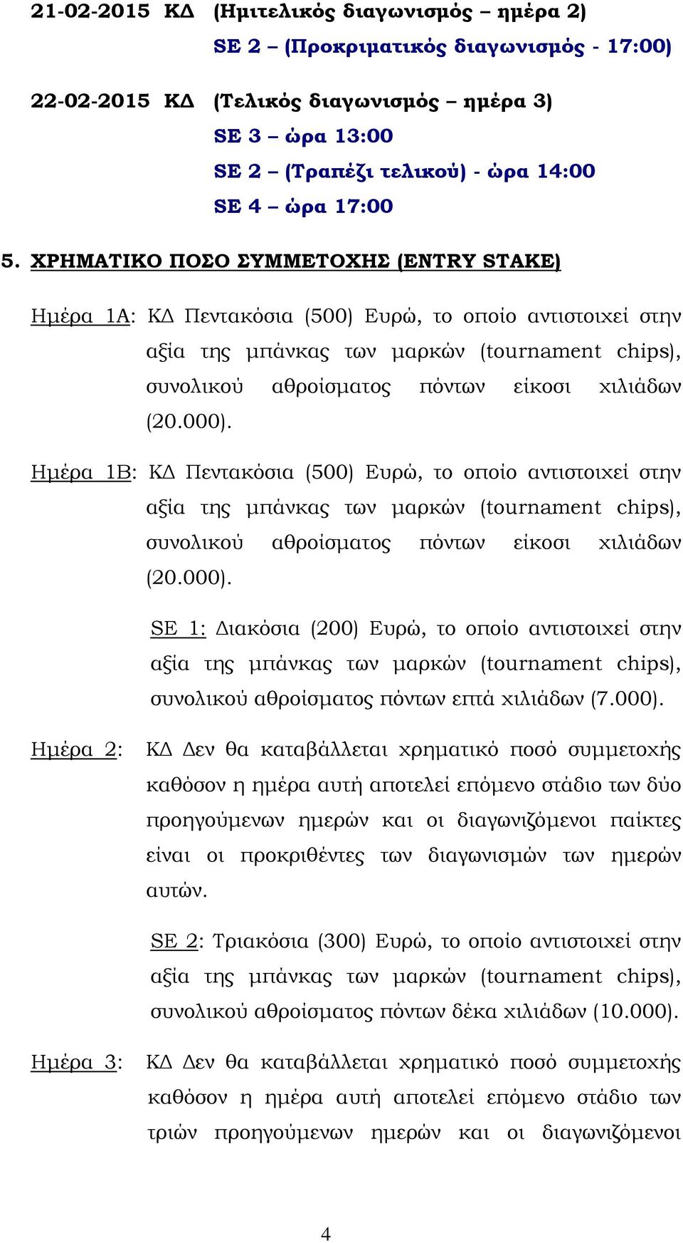 000). Ημέρα 1Β: ΚΔ Πεντακόσια (500) Ευρώ, το οποίο αντιστοιχεί στην αξία της μπάνκας των μαρκών (tournament chips), συνολικού αθροίσματος πόντων είκοσι χιλιάδων (20.000). SΕ 1: Διακόσια (200) Ευρώ, το οποίο αντιστοιχεί στην αξία της μπάνκας των μαρκών (tournament chips), συνολικού αθροίσματος πόντων επτά χιλιάδων (7.