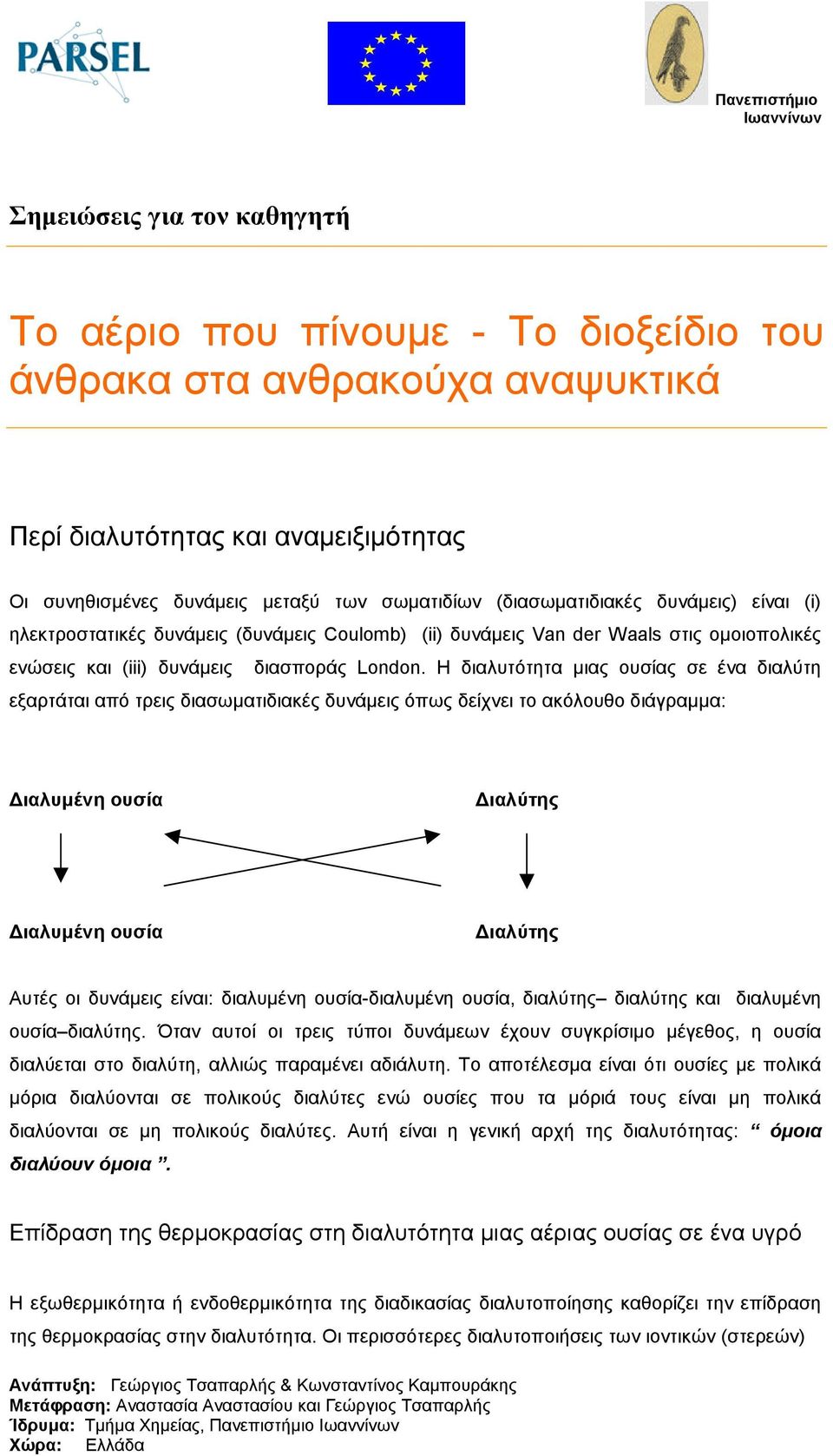 Η διαλυτότητα µιας ουσίας σε ένα διαλύτη εξαρτάται από τρεις διασωµατιδιακές δυνάµεις όπως δείχνει το ακόλουθο διάγραµµα: ιαλυµένη ουσία ιαλύτης ιαλυµένη ουσία ιαλύτης Αυτές οι δυνάµεις είναι: