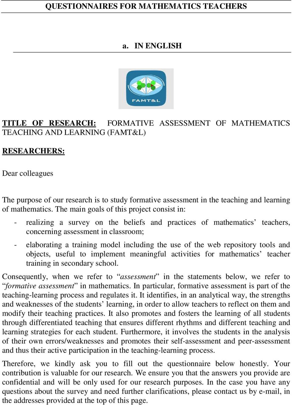 teaching and learning of mathematics.