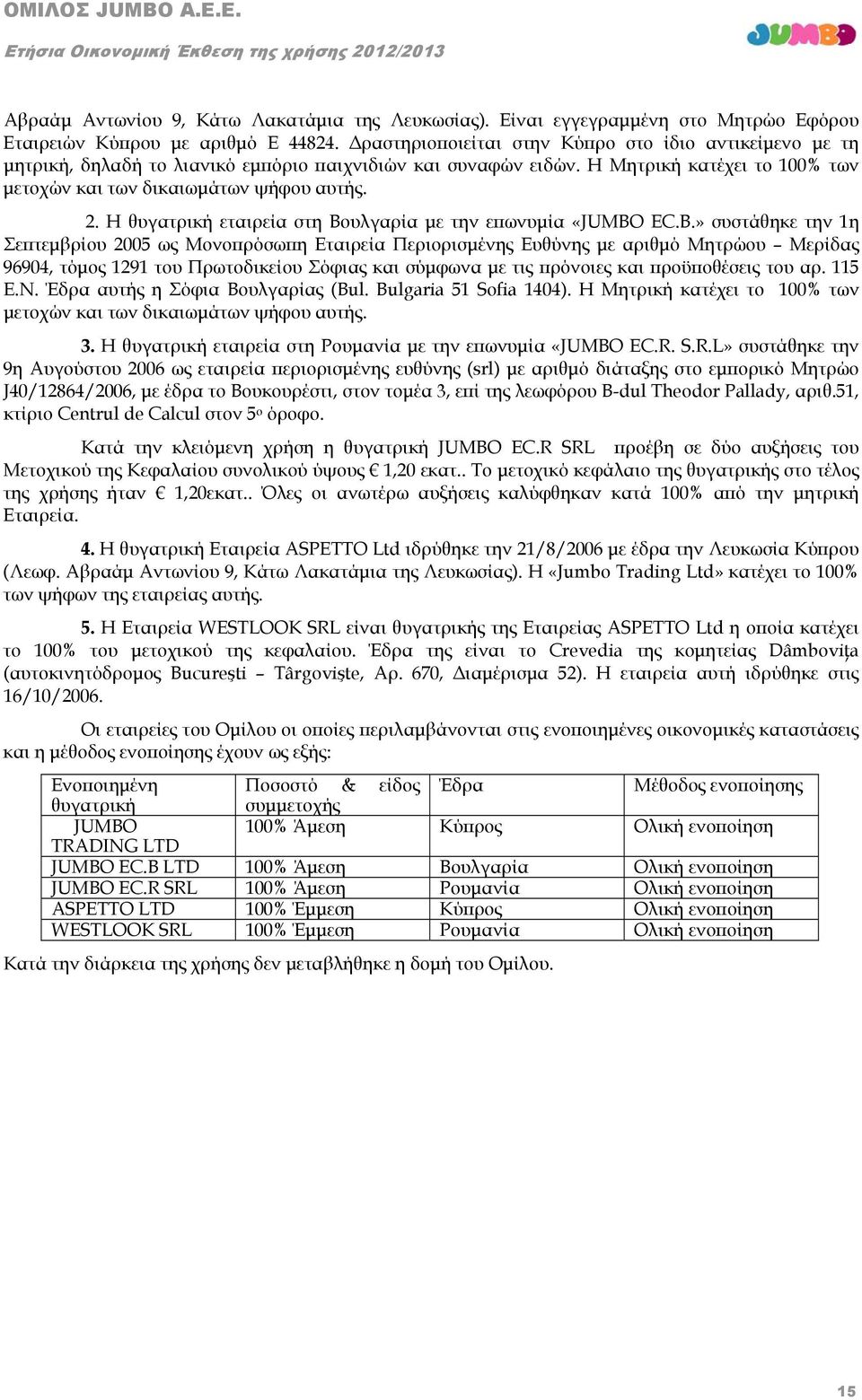 Η θυγατρική εταιρεία στη Βουλγαρία με την επωνυμία «JUMBO