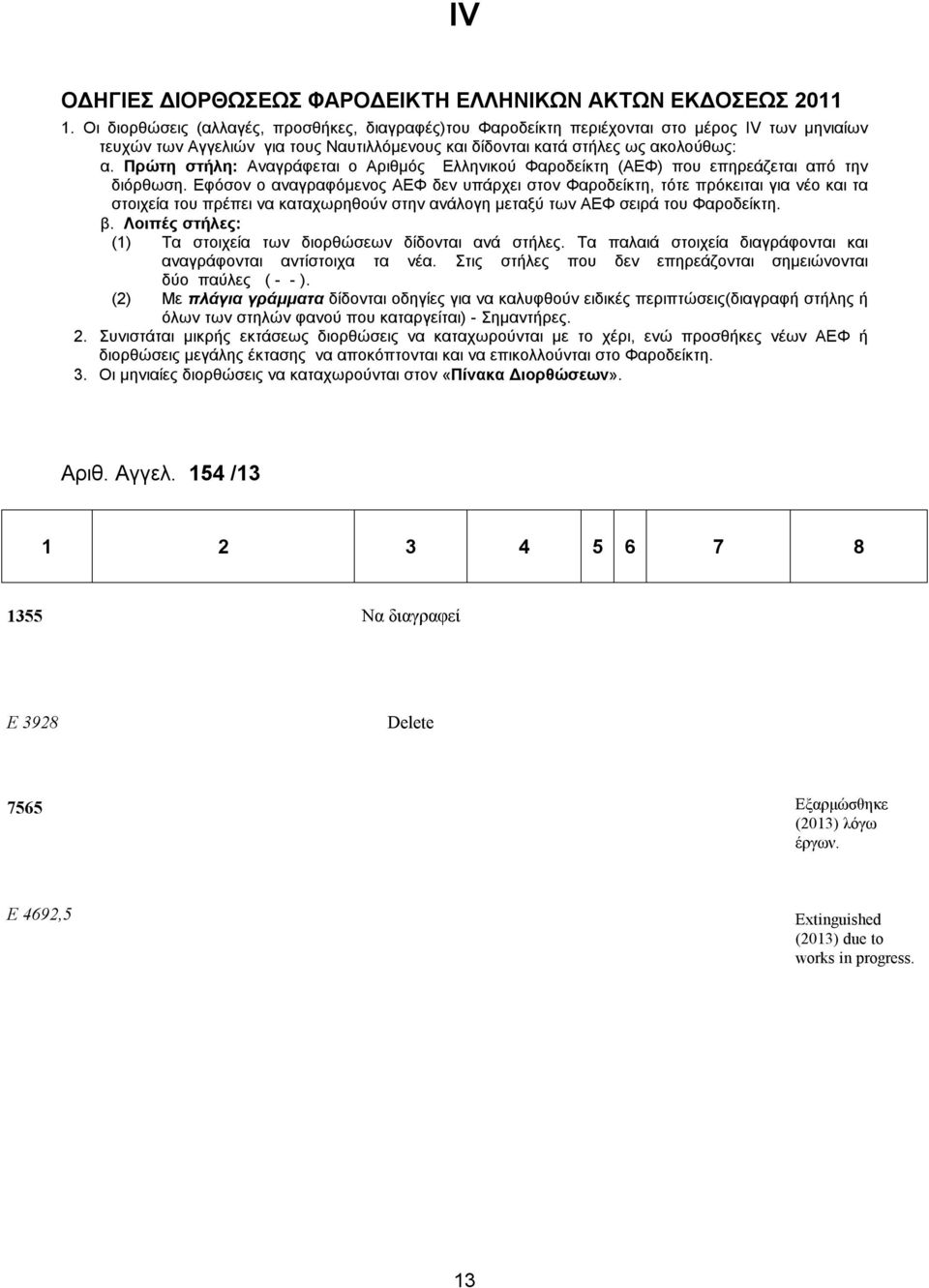 Πρώτη στήλη: Αναγράφεται ο Αριθμός Ελληνικού Φαροδείκτη (ΑΕΦ) που επηρεάζεται από την διόρθωση.