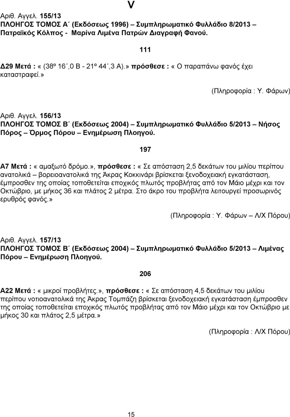 156/13 ΠΛΟΗΓΟΣ ΤΟΜΟΣ Β (Εκδόσεως 2004) Συμπληρωματικό Φυλλάδιο 5/2013 Νήσος Πόρος Όρμος Πόρου Ενημέρωση Πλοηγού. 197 Α7 Μετά : «αμαξωτό δρόμο.