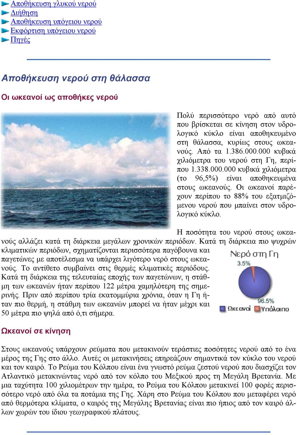 Οι ωκεανοί παρέχουν περίπου το 88% του εξατµιζό- µενου νερού που µπαίνει στον υδρολογικό κύκλο. Η ποσότητα του νερού στους ωκεανούς αλλάζει κατά τη διάρκεια µεγάλων χρονικών περιόδων.