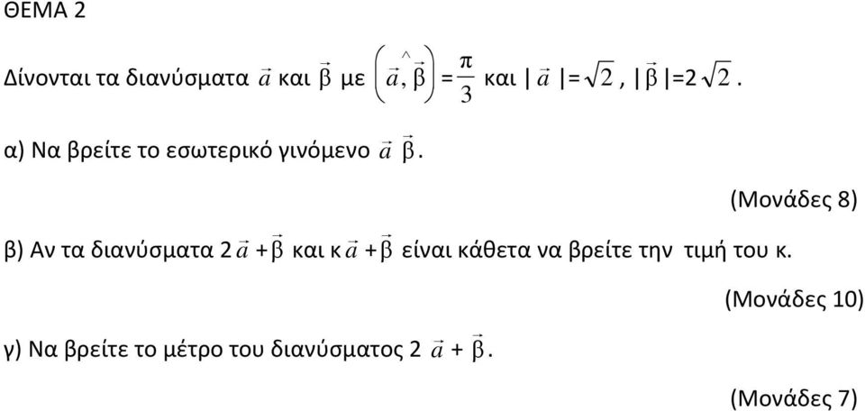 β) Αν τα διανύσματα a + β και κ a + β είναι κάθετα να βρείτε