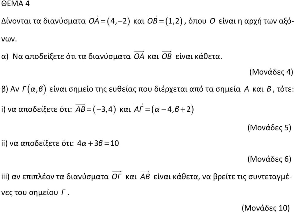 (Μονάδες 4) β) Αν Γ( α, β ) είναι σημείο της ευθείας που διέρχεται από τα σημεία Α και Β, τότε: i) να αποδείξετε