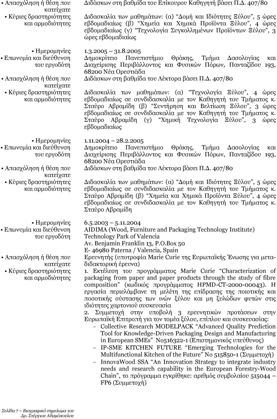 δάσκων στη βαθμίδα του Λέκτορα βάσει Π.Δ. 407/80 Διδασκαλία των μαθημάτων: (α) Τεχνολογία Ξύλου, 4 ώρες εβδομαδιαίως σε συνδιδασκαλία με τον Καθηγητή του Τμήματος κ.