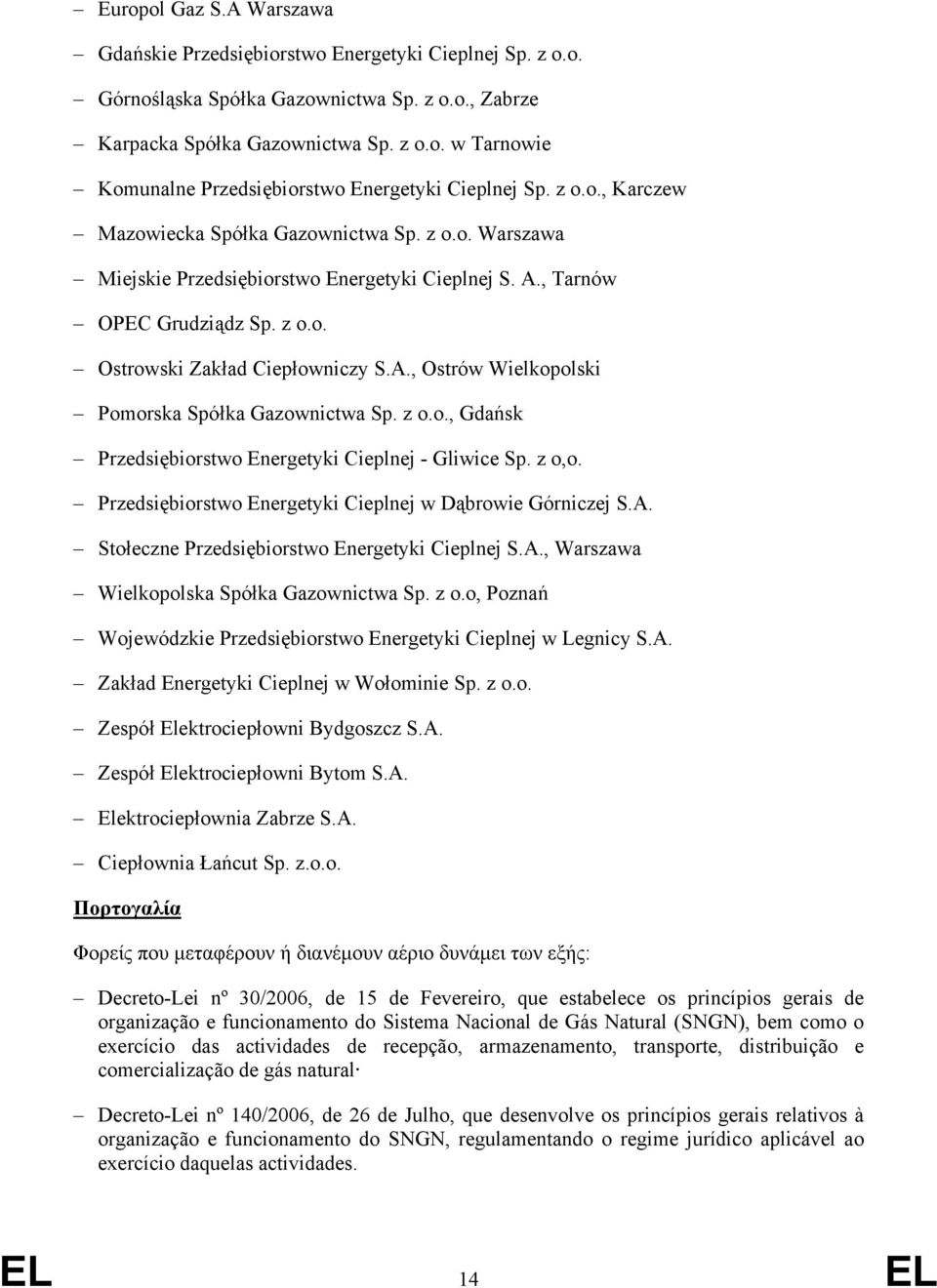 , Ostrów Wielkopolski Pomorska Spółka Gazownictwa Sp. z o.o., Gdańsk Przedsiębiorstwo Energetyki Cieplnej - Gliwice Sp. z o,o. Przedsiębiorstwo Energetyki Cieplnej w Dąbrowie Górniczej S.A.