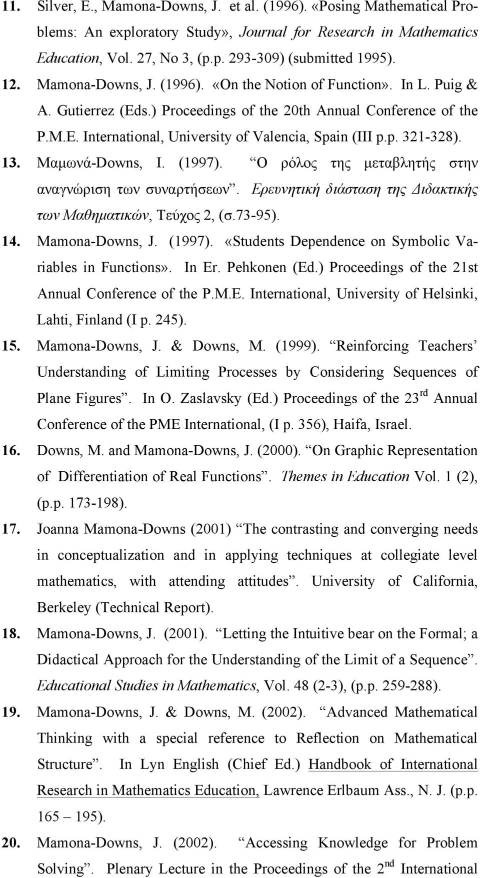13. Mαµωνά-Downs, I. (1997). Ο ρόλος της µεταβλητής στην αναγνώριση των συναρτήσεων. Ερευνητική διάσταση της Διδακτικής των Μαθηµατικών, Τεύχος 2, (σ.73-95). 14. Mamona-Downs, J. (1997). «Students Dependence on Symbolic Variables in Functions».