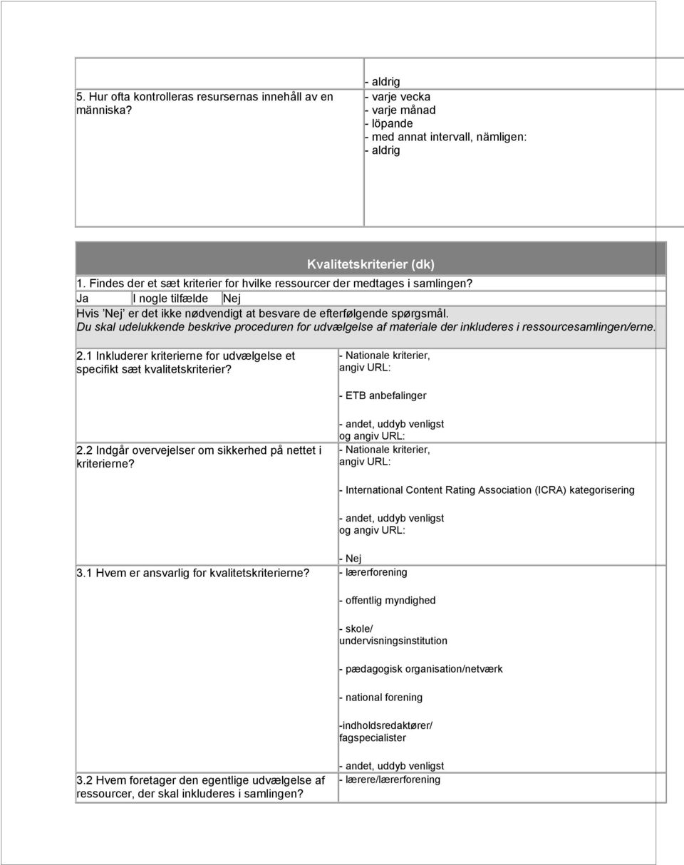 Du skal udelukkende beskrive proceduren for udvælgelse af materiale der inkluderes i ressourcesamlingen/erne. 2.1 Inkluderer kriterierne for udvælgelse et specifikt sæt kvalitetskriterier?