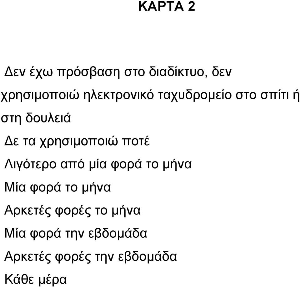 χρησιµοποιώ ποτέ Λιγότερο από µία φορά το µήνα Μία φορά το