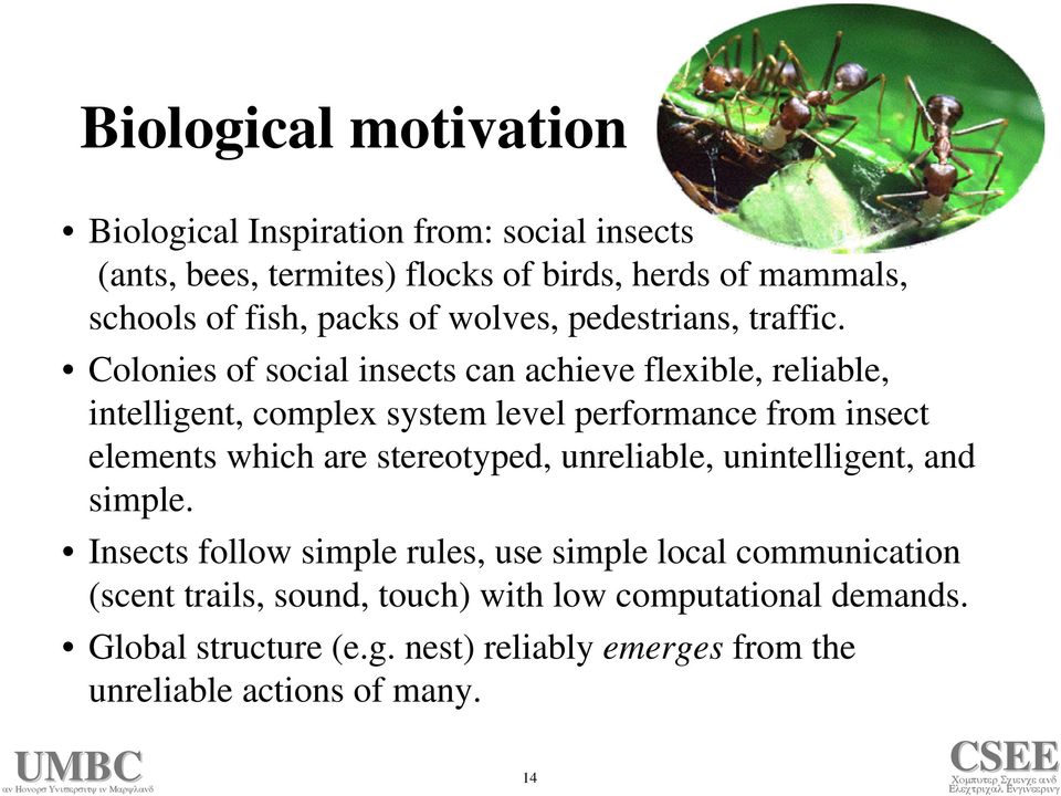 Colonies of social insects can achieve flexible, reliable, intelligent, complex system level performance from insect elements which are