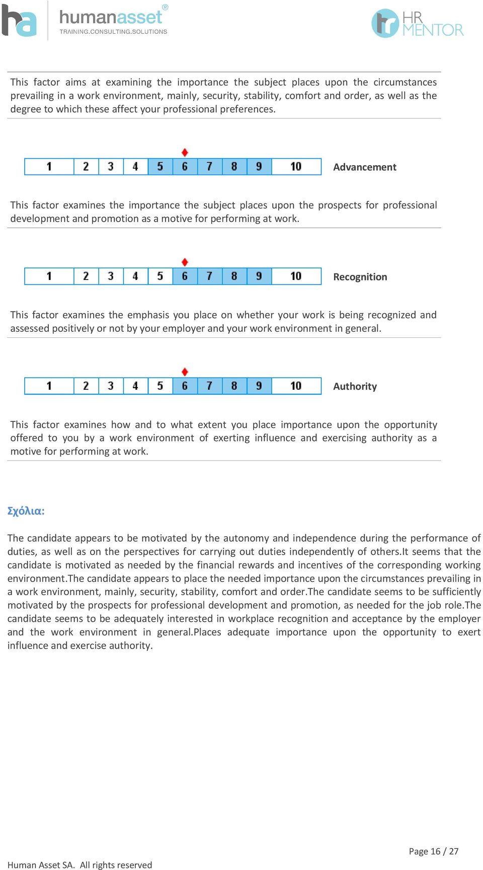 Advancement This factor examines the importance the subject places upon the prospects for professional development and promotion as a motive for performing at work.