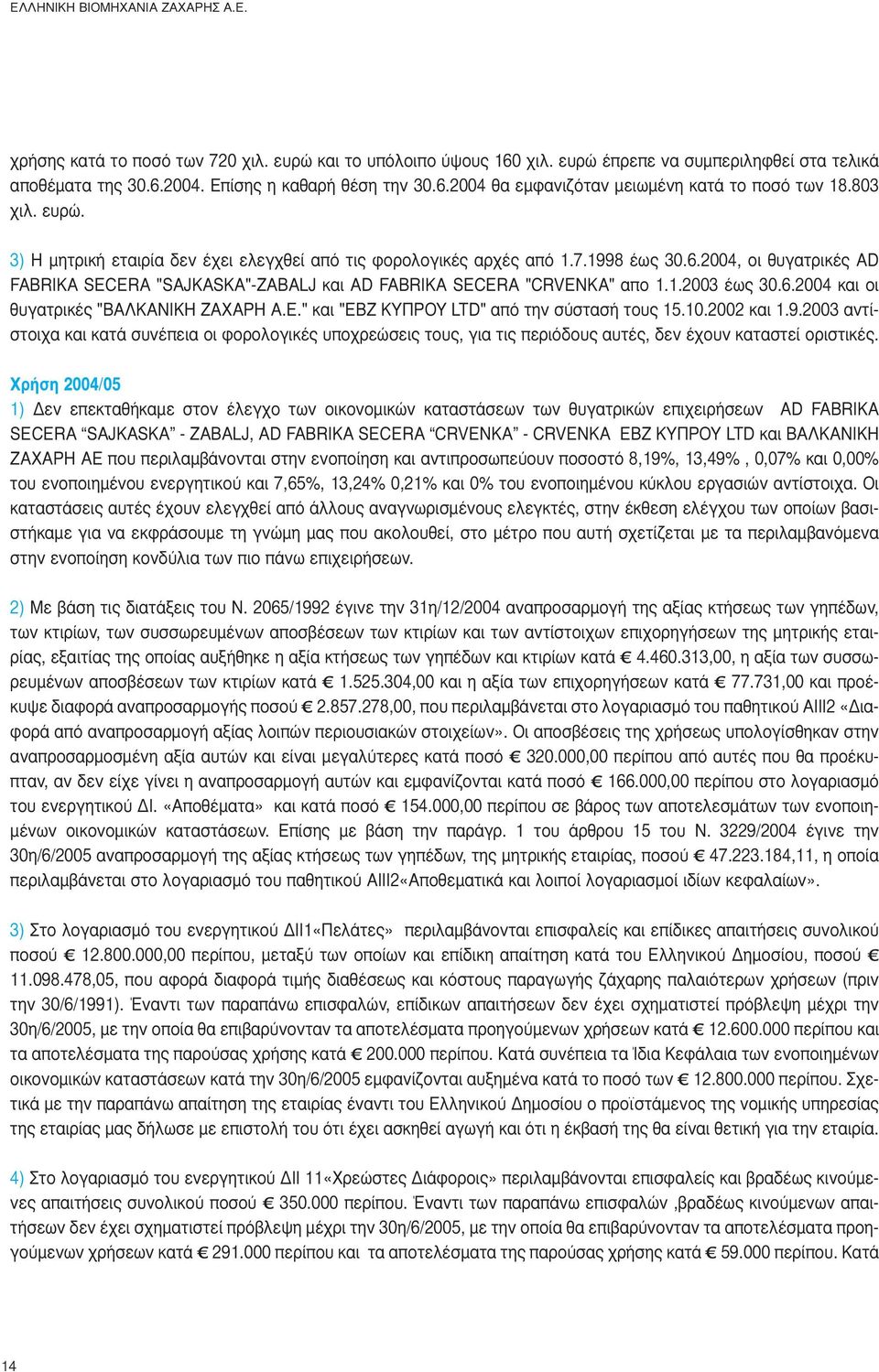 6.2004 και οι θυγατρικές "ΒΑΛΚΑΝΙΚΗ ΖΑΧΑΡΗ Α.Ε." και "ΕΒΖ ΚΥΠΡΟΥ LTD" από την σύστασή τους 15.10.2002 και 1.9.