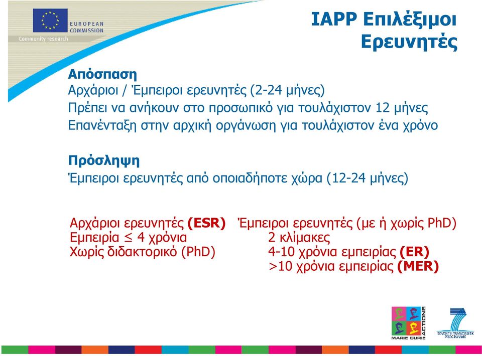 Έµπειροι ερευνητές από οποιαδήποτε χώρα (12-24 µήνες) Αρχάριοι ερευνητές (ESR) Εµπειρία 4 χρόνια Χωρίς