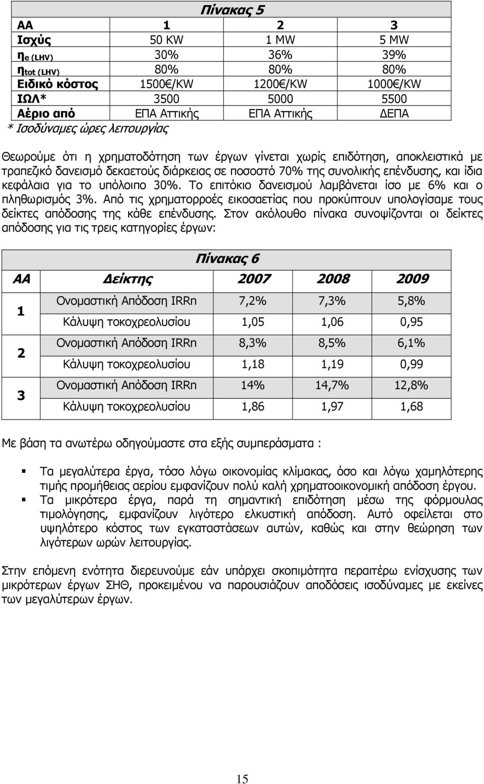 το υπόλοιπο 30%. Το επιτόκιο δανεισµού λαµβάνεται ίσο µε 6% και ο πληθωρισµός 3%. Από τις χρηµατορροές εικοσαετίας που προκύπτουν υπολογίσαµε τους δείκτες απόδοσης της κάθε επένδυσης.