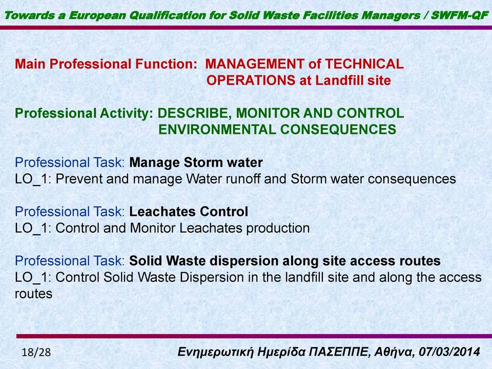 consequences Professional Task: Leachates Control LO_1: Control and Monitor Leachates production Professional Task: Solid