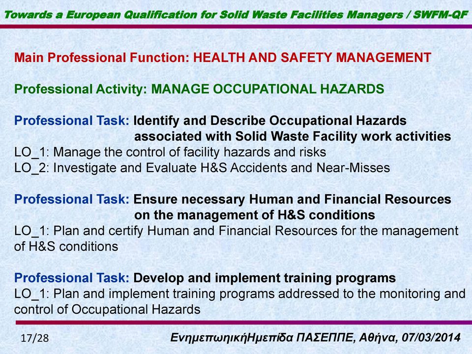 Accidents and Near-Misses Professional Task: Ensure necessary Human and Financial Resources on the management of H&S conditions LO_1: Plan and certify Human and Financial Resources for the management