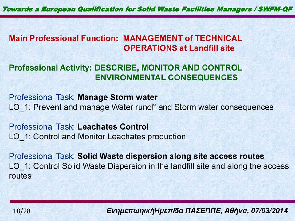runoff and Storm water consequences Professional Task: Leachates Control LO_1: Control and Monitor Leachates production Professional Task: Solid Waste