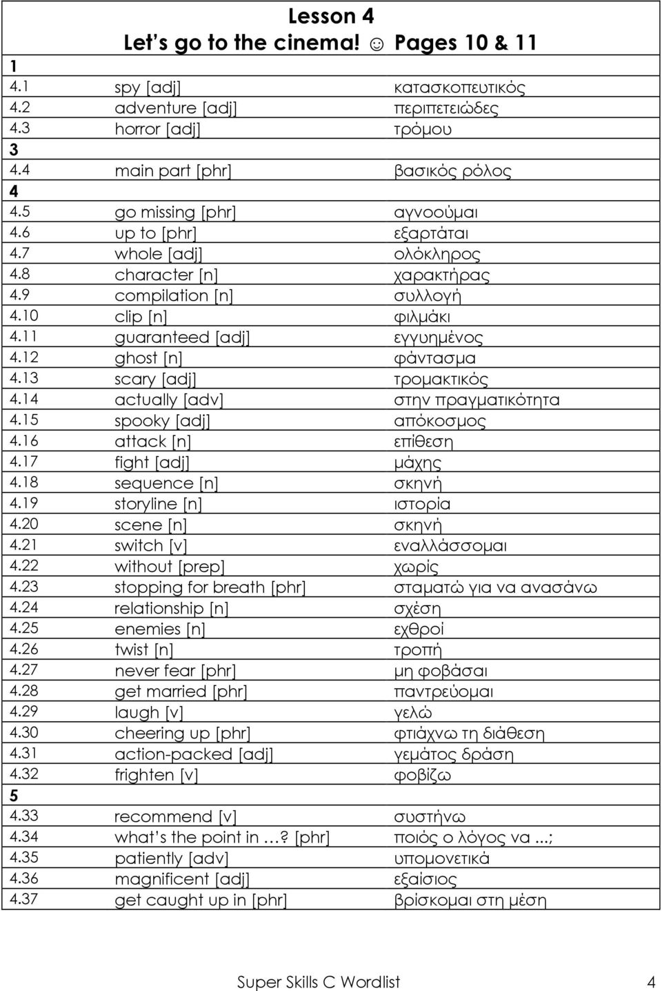 scary [adj] τρομακτικός 4.4 actually [adv] στην πραγματικότητα 4. spooky [adj] απόκοσμος 4.6 attack [n] επίθεση 4.7 fight [adj] μάχης 4.8 sequence [n] σκηνή 4.9 storyline [n] ιστορία 4.