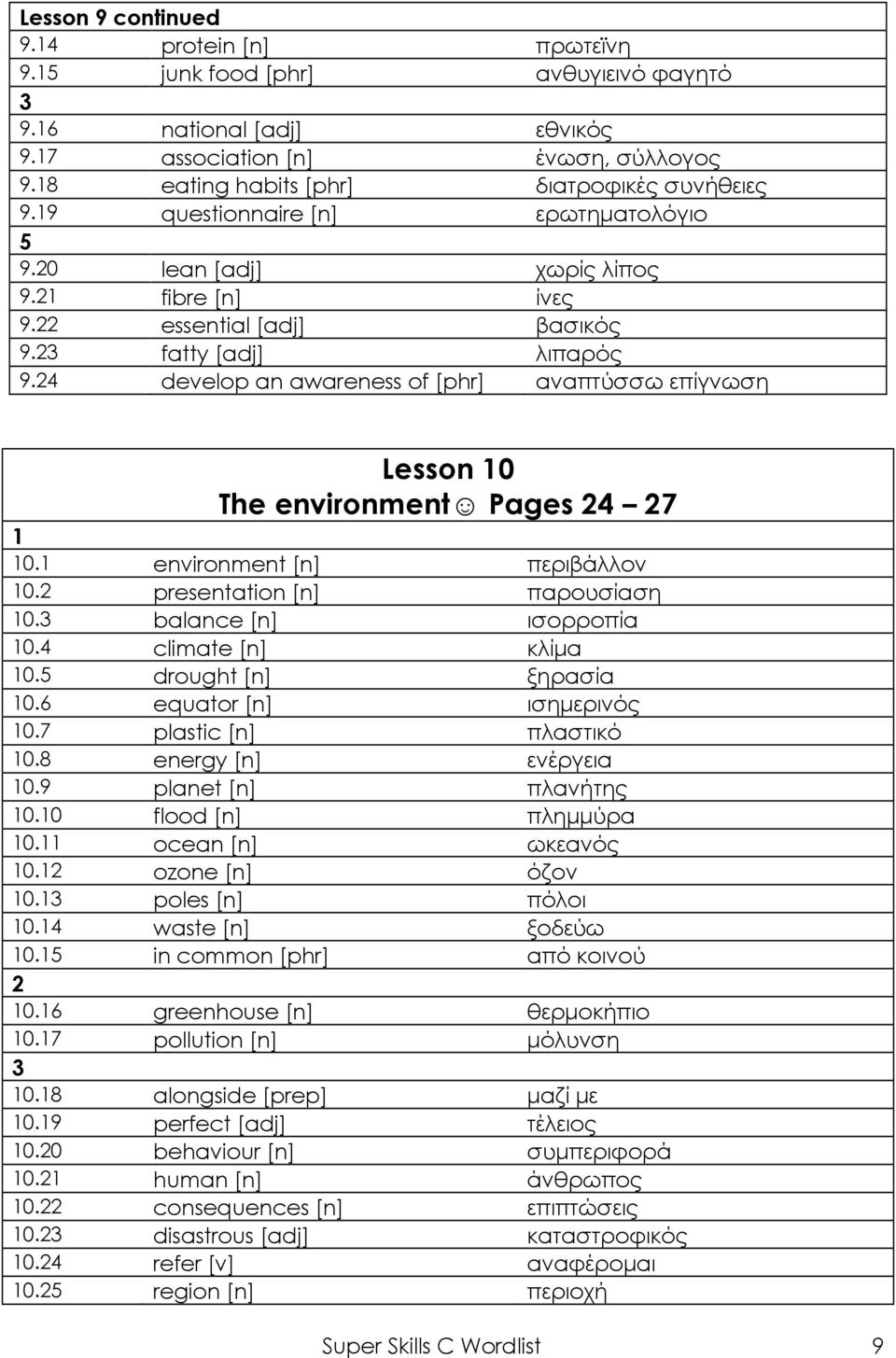 4 develop an awareness of [phr] αναπτύσσω επίγνωση Lesson 0 The environment Pages 4 7 0. environment [n] περιβάλλον 0. presentation [n] παρουσίαση 0. balance [n] ισορροπία 0.4 climate [n] κλίμα 0.